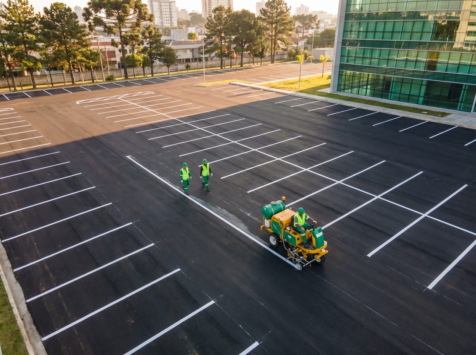 Vista aérea de estacionamento com demarcação de vagas profissional em Curitiba